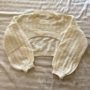 YesStyle Cream Cropped Crewneck Open-Knit Sweater